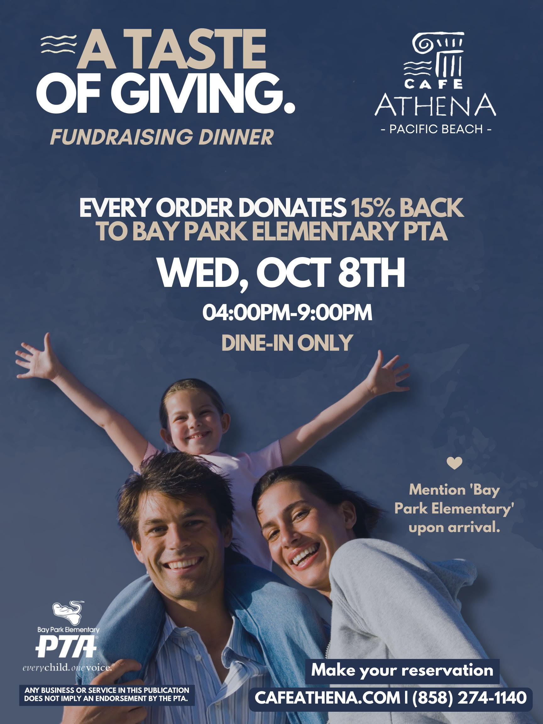 Bay Park PTA Dine & Donate - Cafe Athena PB Flyer