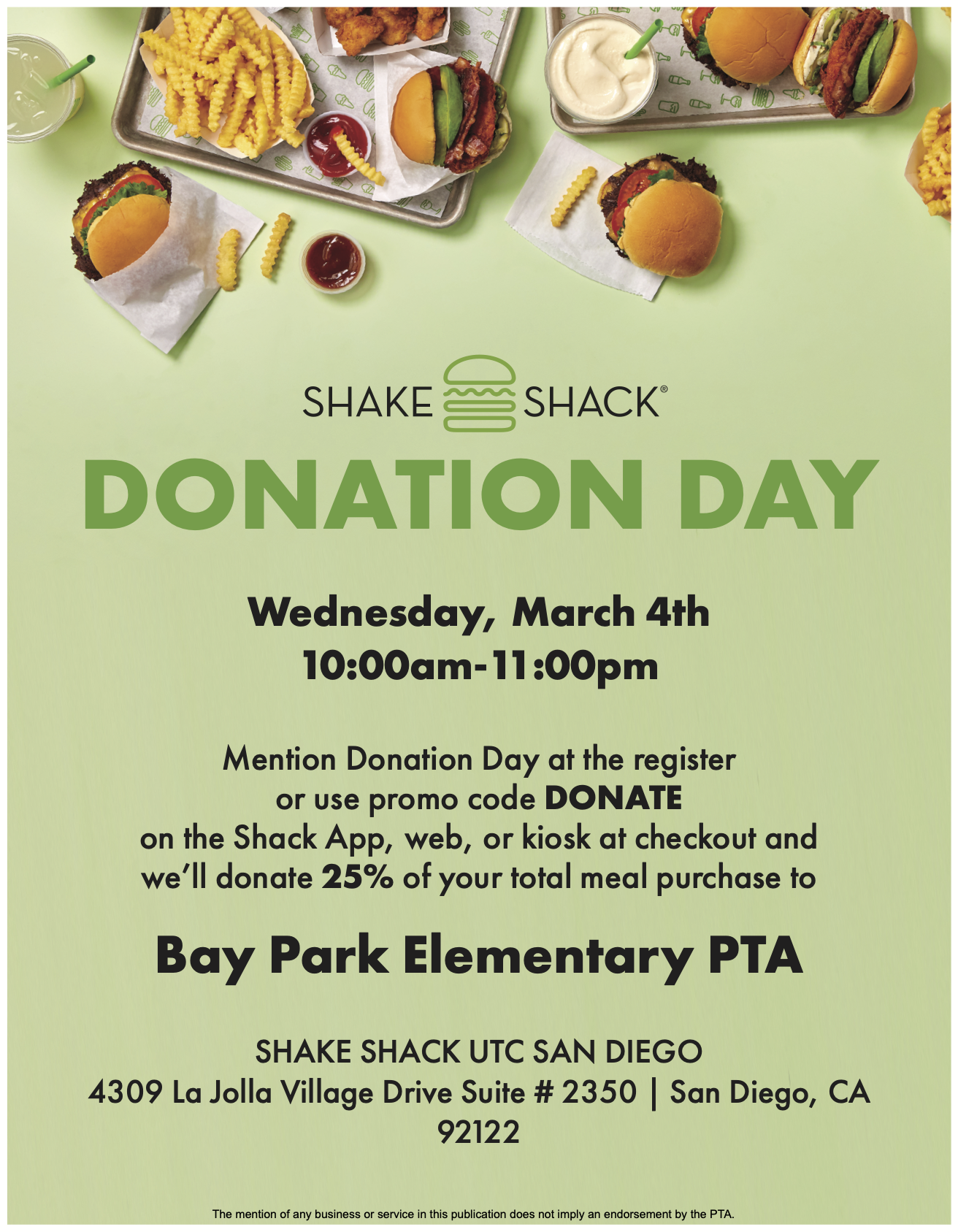 SHAKE SHACK DONATION DAY Wednesday, March 4th 10:00am-11:00pm